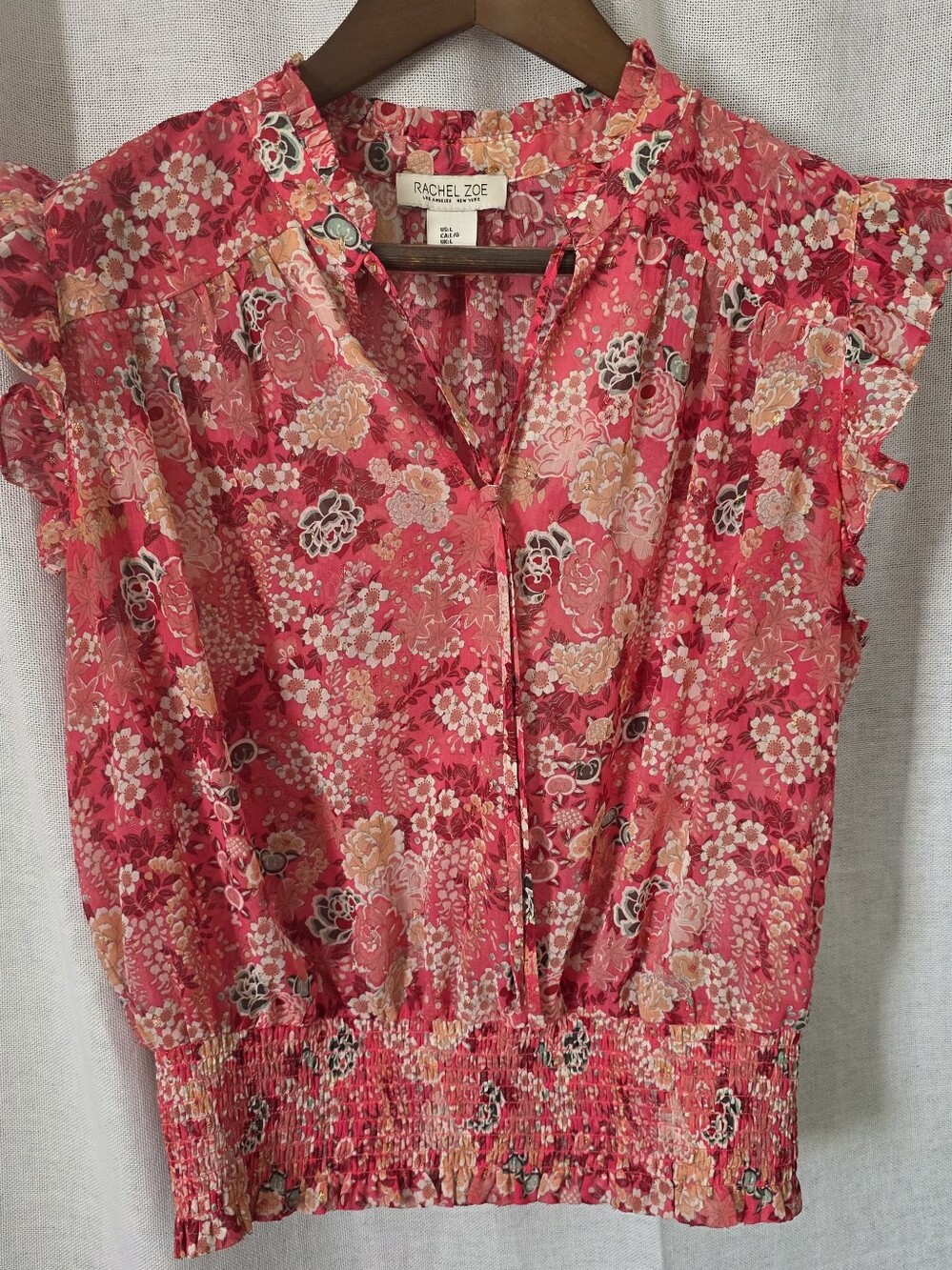 Rachel Zoe Pink Floral Ruffle Neck Boho Peasant Blouse Top L